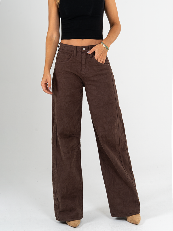 Ref: 0620083 Pantalón wide leg, tiro alto, detalle de tela bordada, rígido, tono cafe