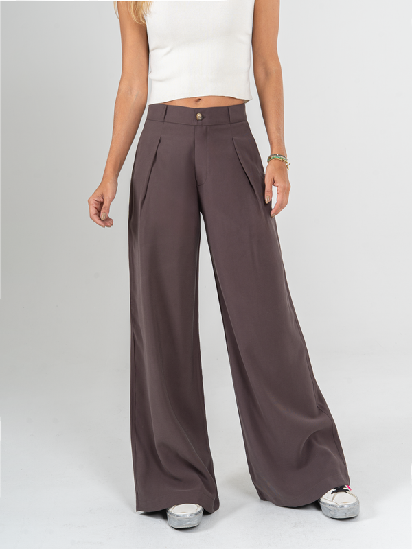 Ref: 0620108 Pantalón palazzo, prenses, tono cafe, tejido plano liviano, tiro alto