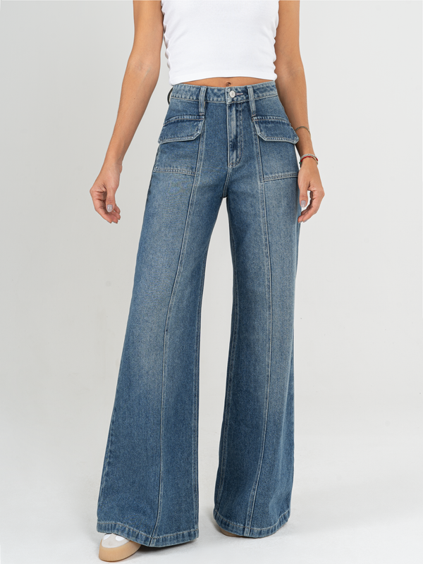 Ref: 064698 Jean palazzo, rígido, bolsillos delanteros, tiro alto, tono azul medio