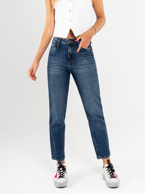 Ref: 065577 Jean Mom fit, slim cropped, stretch, tiro alto, tono azul oscuro