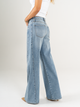 Ref: 065657 Jean mom flare, rígido, con cortes, tiro alto, azul medio