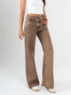 Ref: 065694 Pantalón Mom Flare, rígido, tiro alto, tono cafe, detalle en pretina
