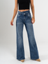 Ref: 065771 Jean Mom Flare, stretch, tiro alto, tono azul oscuro, detalle en pretina