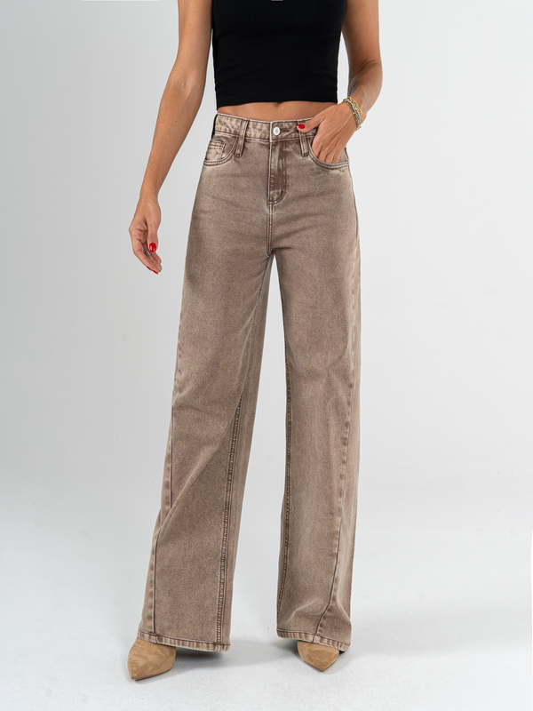 Ref: 065811 Pantalón wide leg, tiro medio, stretch, tono café