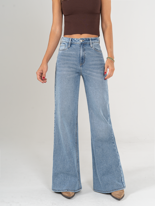 Ref: 065935 Jean palazzo, stretch, tiro alto, tono azul medio