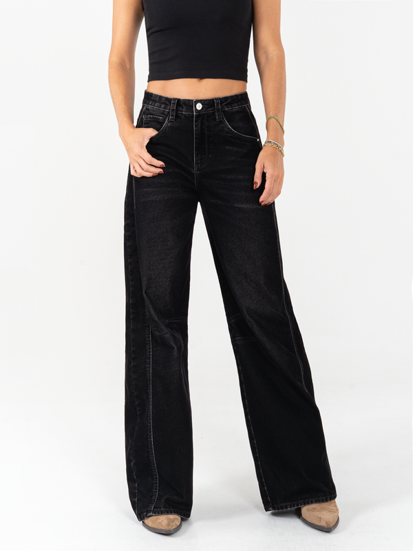 Ref: 065937 Jean wide leg, confort, denim velvet, acabado terciopelo, tiro alto, tono negro
