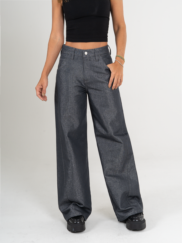 Ref: 066045 Jean wide leg, tiro alto, detalle de tela con brillo, rígido, tono gris oscuro