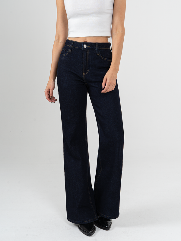 Ref: 066092 Jean flare stretch, bota ancha, tiro alto, tono azul oscuro