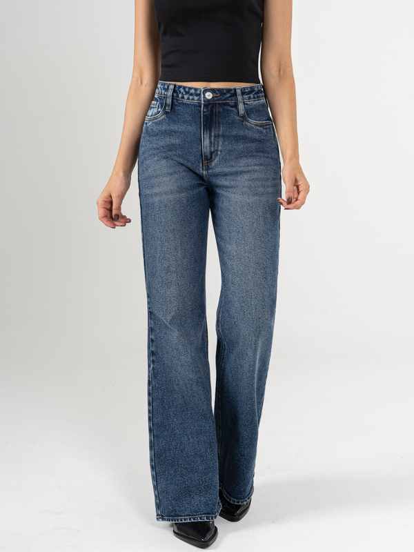 Ref: 066093 Jean flare stretch, bota ancha, tiro alto, tono azul medio oscuro