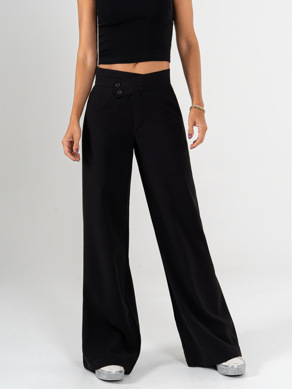 Ref: 069820 Pantalón palazzo, sin prenses, tejido plano liviano, detalle en pretina, tono negro