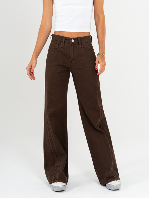 Ref: 069848 Pantalón wide leg, tiro medio, rígido, tono café
