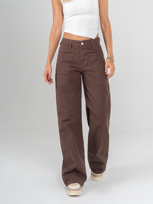 Ref: 069971 Pantalón wide leg, tiro alto, bolsillos delanteros, rígido, tono cafe.