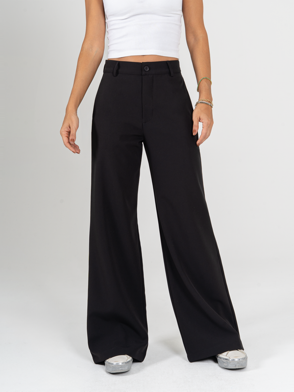 Ref: 069985 Pantalón palazzo, sin prenses, stretch, tejido plano liviano, tiro alto, tono negro.