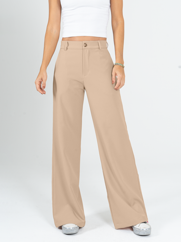 Ref: 069987 Pantalón palazzo, sin prenses, stretch, tejido plano liviano, tiro alto, tono arena.