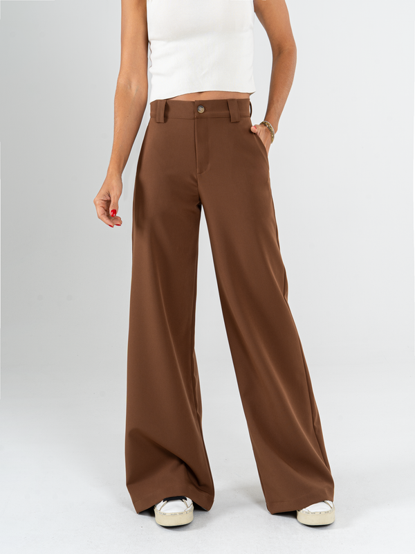 Ref: 069901 Pantalón palazzo, sin prenses, stretch, tejido plano liviano, tiro alto, tono café