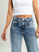 Ref: 065724 Jean Mom Flare, rígido, tiro alto, tono azul medio, detalle en pretina