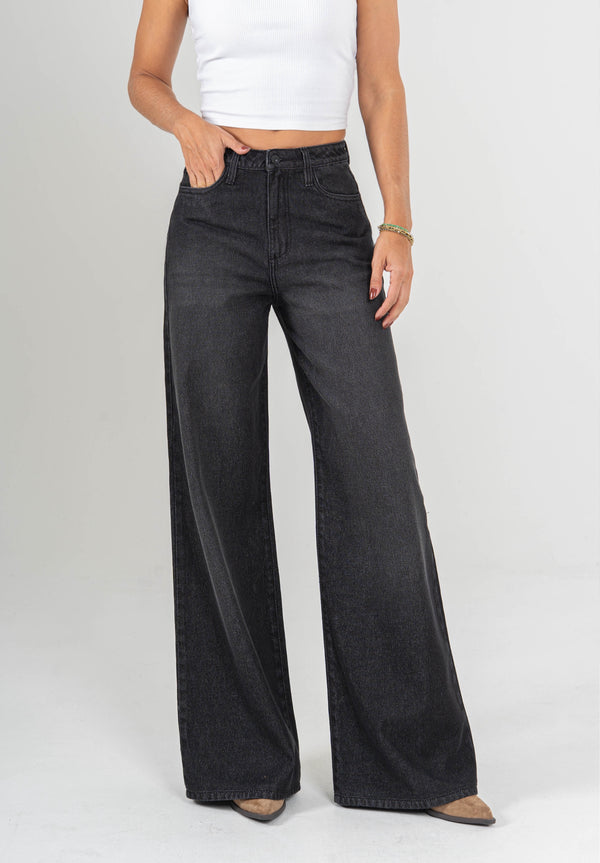 Ref: 065975 Jean palazzo, rígido, tiro alto, tono gris oscuro