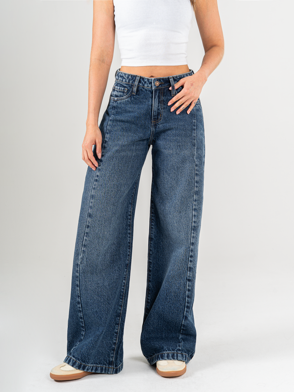 Ref: 065914 Jean wide leg, tiro medio, con cortes, rígido, tono azul oscuro