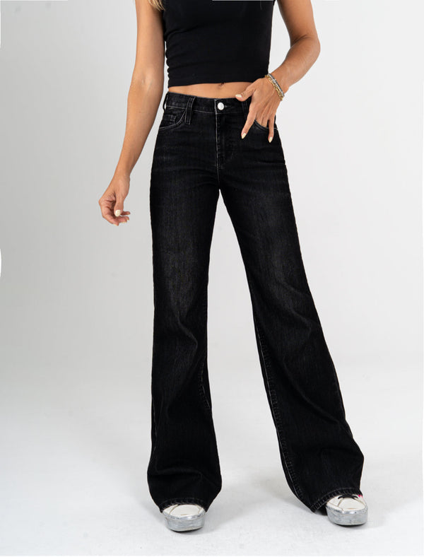 Ref: 065645 Jean mom flare, confort, denim velvet, acabado terciopelo, tiro alto, tono negro