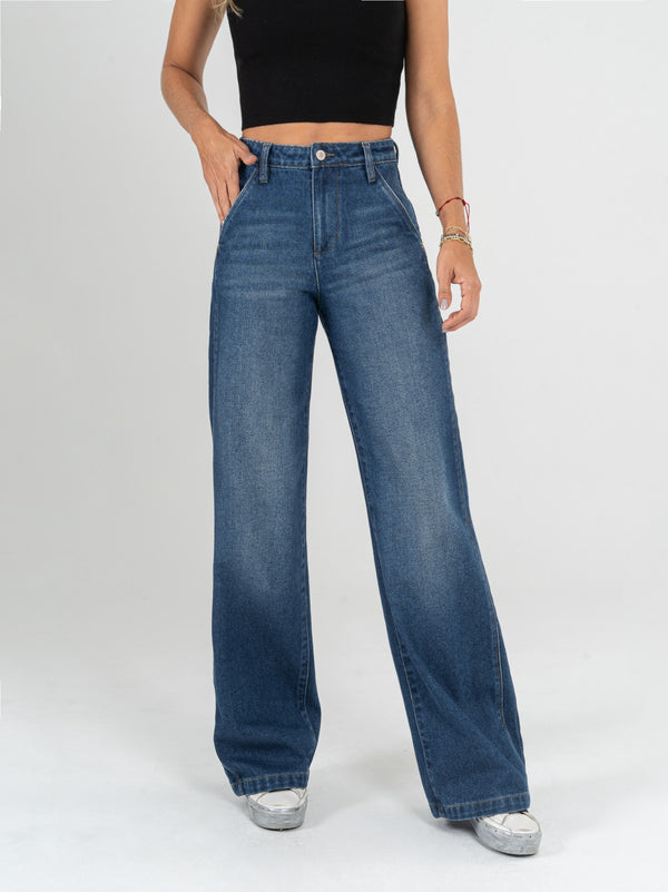 Ref: 064931 Jean Mom Flare, rígido, cortes en pierna, tiro alto, tono azul medio oscuro